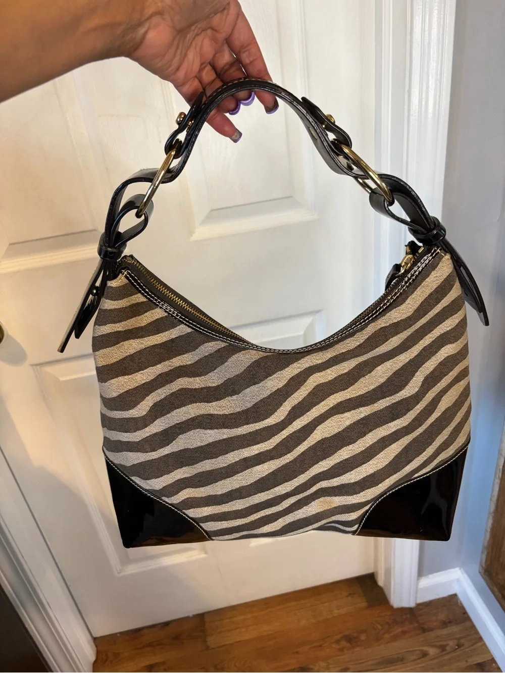 Dooney & Bourke Zebra Print Patent Hobo Bag Y2K